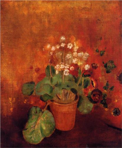 Flowers in a Pot on a Red Background - Odilon Redon