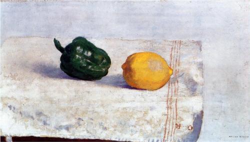 Pepper and Lemon on a White Tablecloth - Odilon Redon