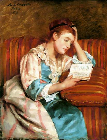 Mrs. Duffee Reading on Striped Sofa - Mary Cassatt