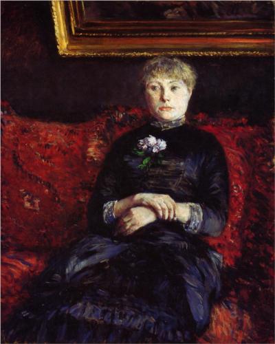 Woman Sitting on a Red Flowered Sofa - Gustave Caillebotte