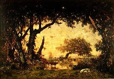 Forest at Fontainebleau Setting Sun - Theodore Rousseau