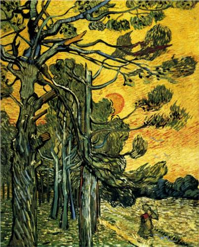 Pine Trees against a Red Sky with Setting Sun - Vincent Van Gogh