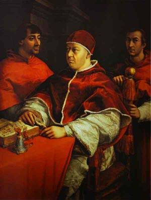 Pope Leo X with Cardinals Giulio de Medici and Luigi de Rossi - Raffaello Raphael Sanzio